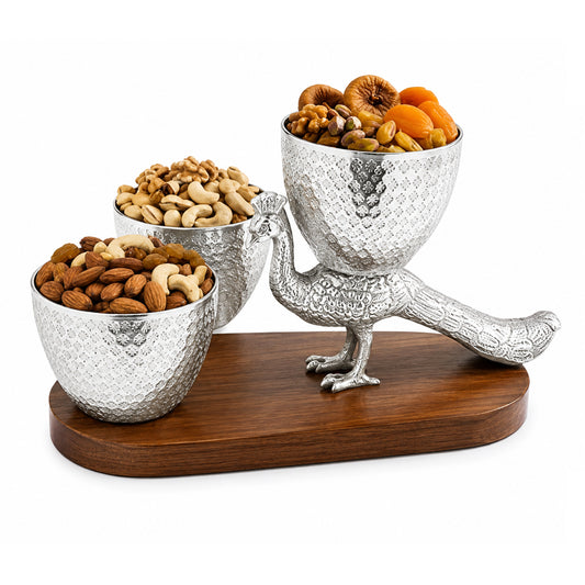 Premium Silver Peacock Dry Fruit Serving Set