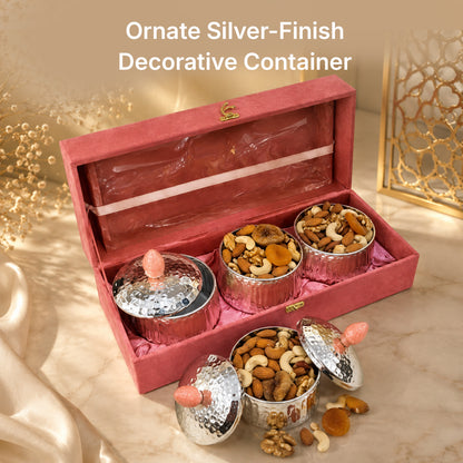 Set of 3 Silver Finished Ornate Containers with Resin Tray