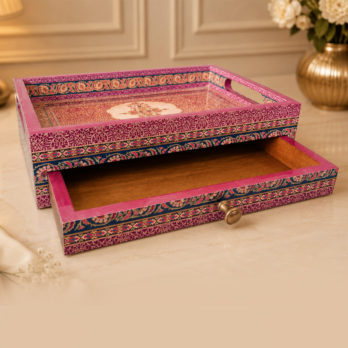 Pink and Gold Brocade Serving Tray with Drawer