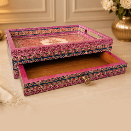 Pink and Gold Brocade Serving Tray with Drawer