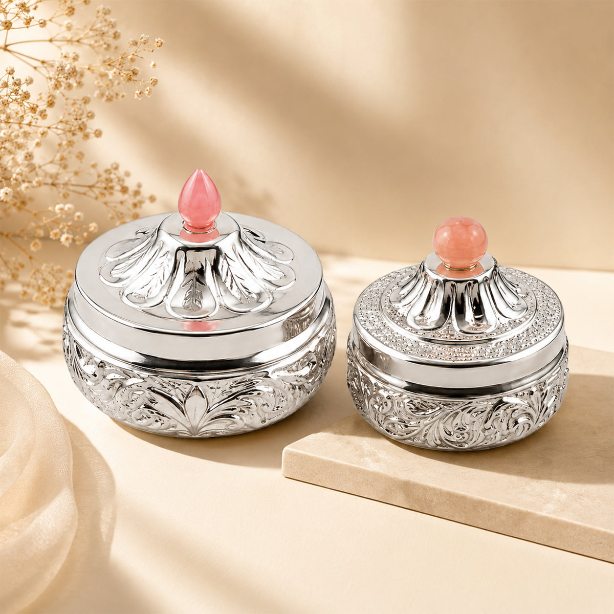 Ornate Silver-Finish Decorative Container