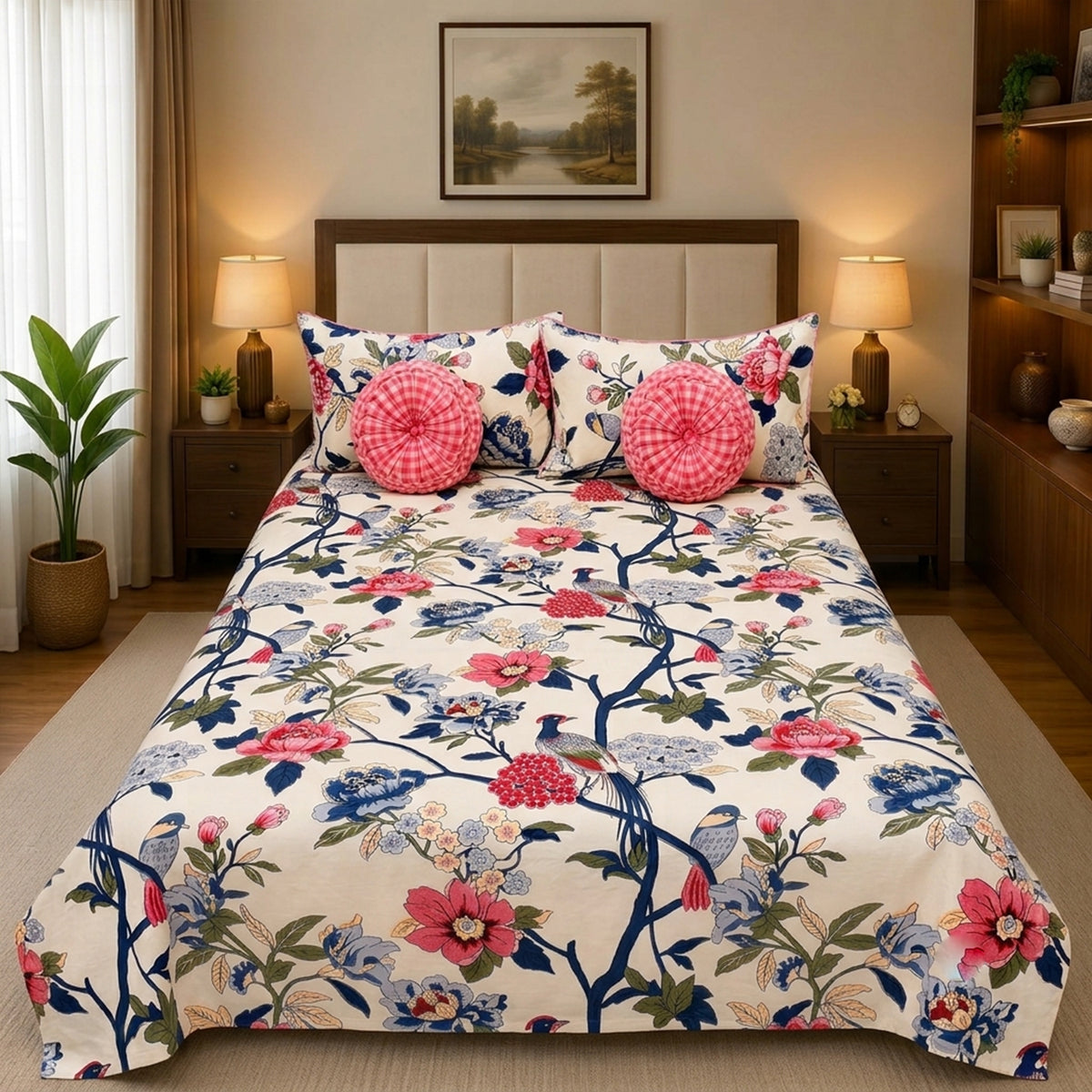 Pure Cotton Chinoiserie Floral & Bird Bedsheet Set