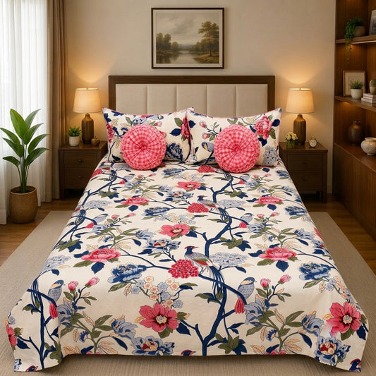 Pure Cotton Chinoiserie Floral & Bird Bedsheet Set