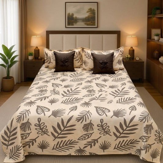 Pure Cotton Brown Leaf-Pattern Bedsheet Set