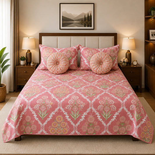 Pure Cotton Pink Floral Lattice Bedsheet Set