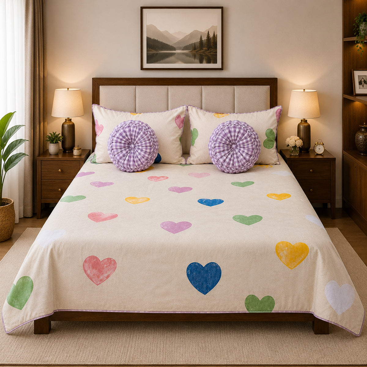 Pure Cotton Colorful Hearts-Pattern Bedsheet Set