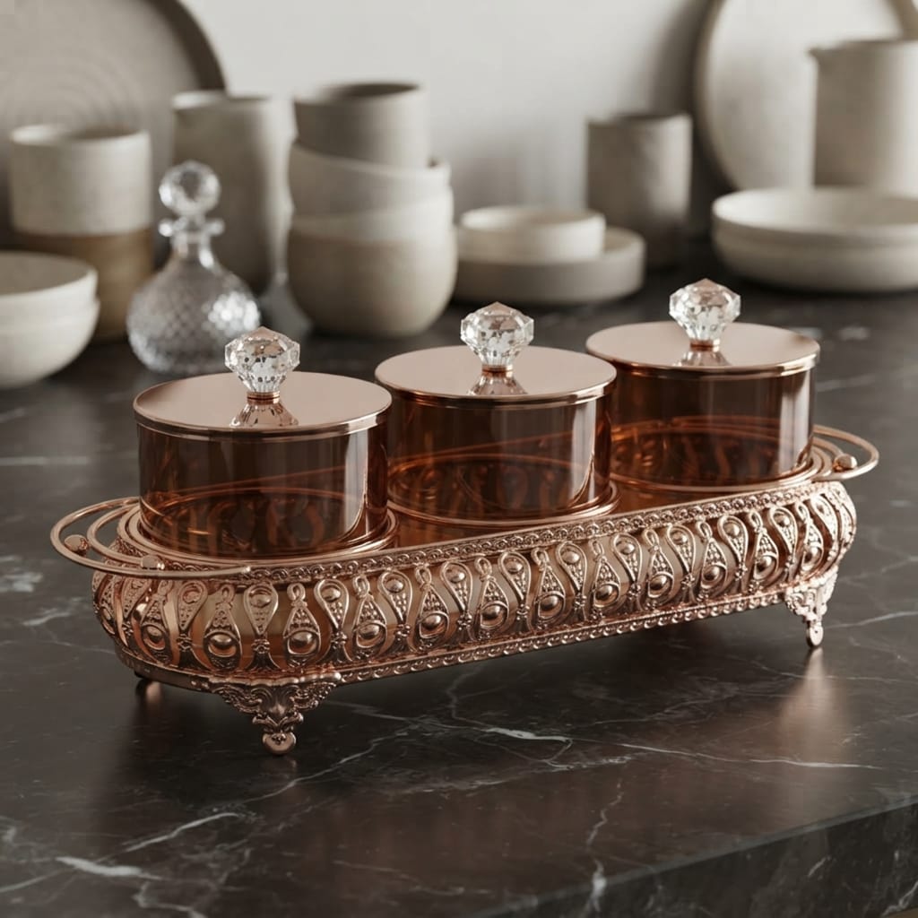 Gold Cutwork Three-Jar Condiment Set with Stand
