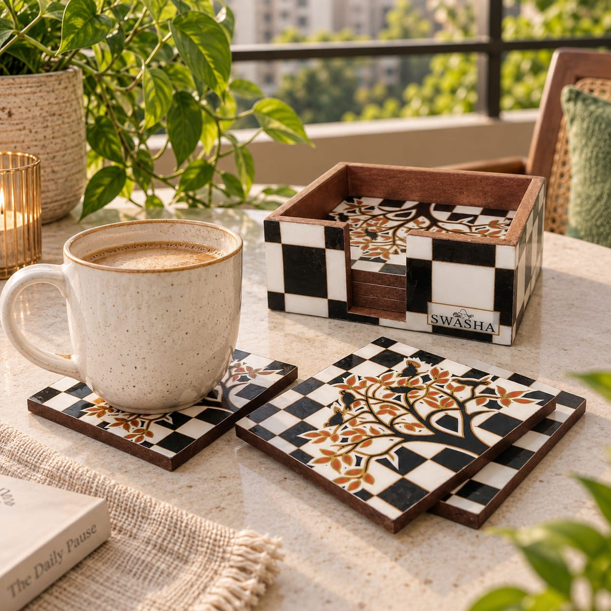 Black and White Checkered Coaster Set with Holde