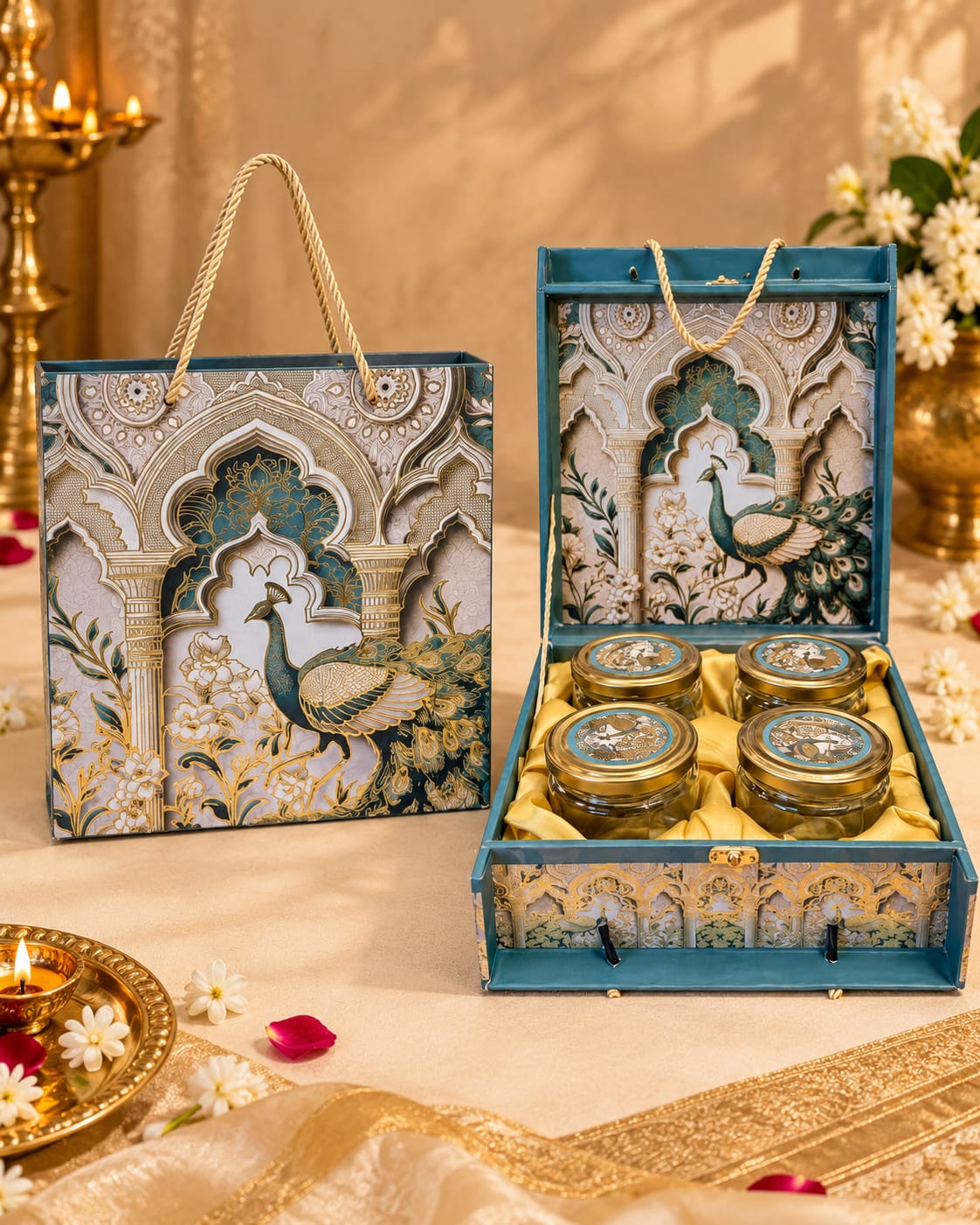 Royal Peacock Motif 4-Jar Premium Dry Fruit Gift Box Set