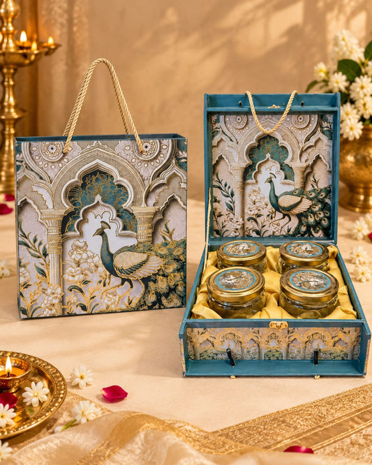 Royal Peacock Motif 4-Jar Premium Dry Fruit Gift Box Set