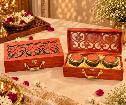 Elegant 3-Jar Teak Wood Dry Fruit Gift Hamper