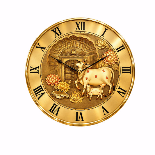 Kamdhenu Cow & Calf Golden Finish Designer Wall Clock 
