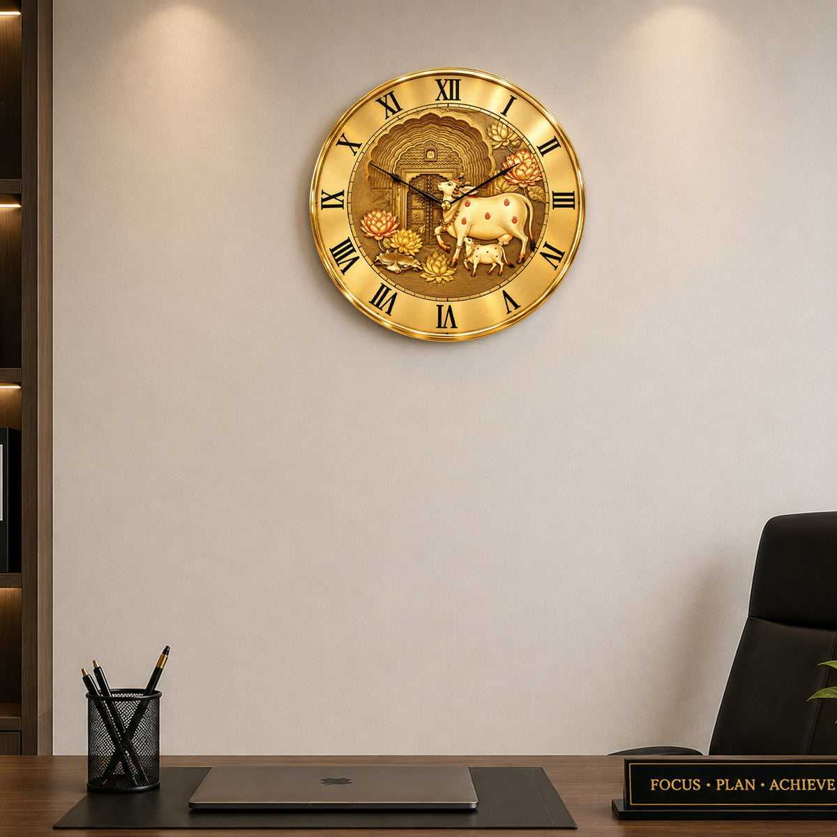 Kamdhenu Cow & Calf Golden Finish Designer Wall Clock 