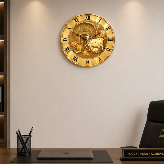 Kamdhenu Cow & Calf Golden Finish Designer Wall Clock 