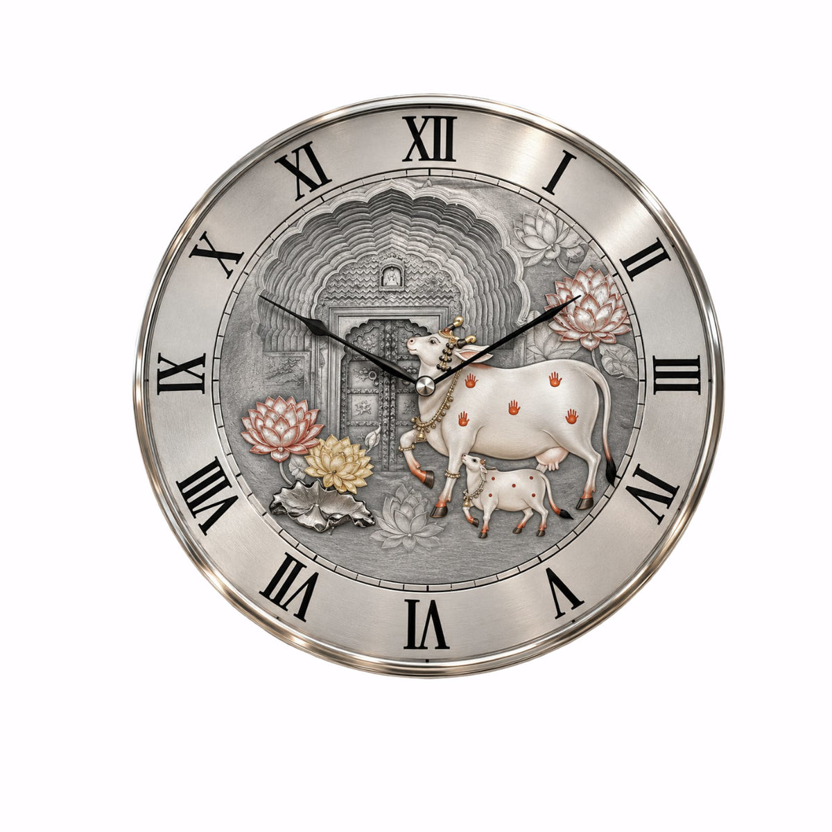 Kamdhenu Cow & Calf Silver Finish Designer Wall Clock 