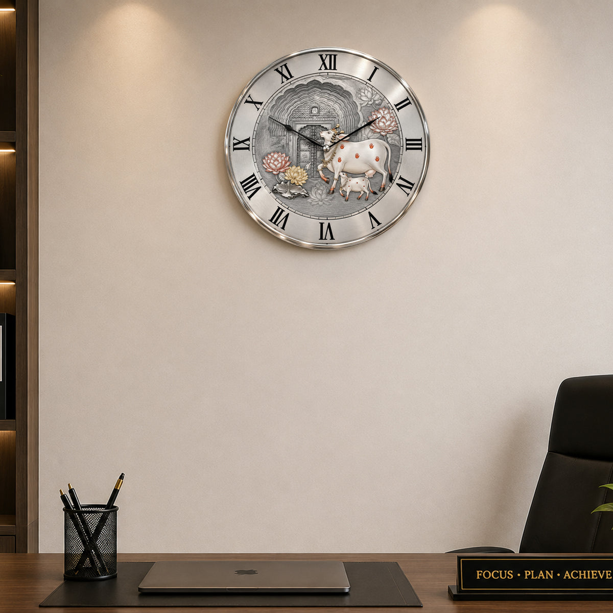 Kamdhenu Cow & Calf Silver Finish Designer Wall Clock 