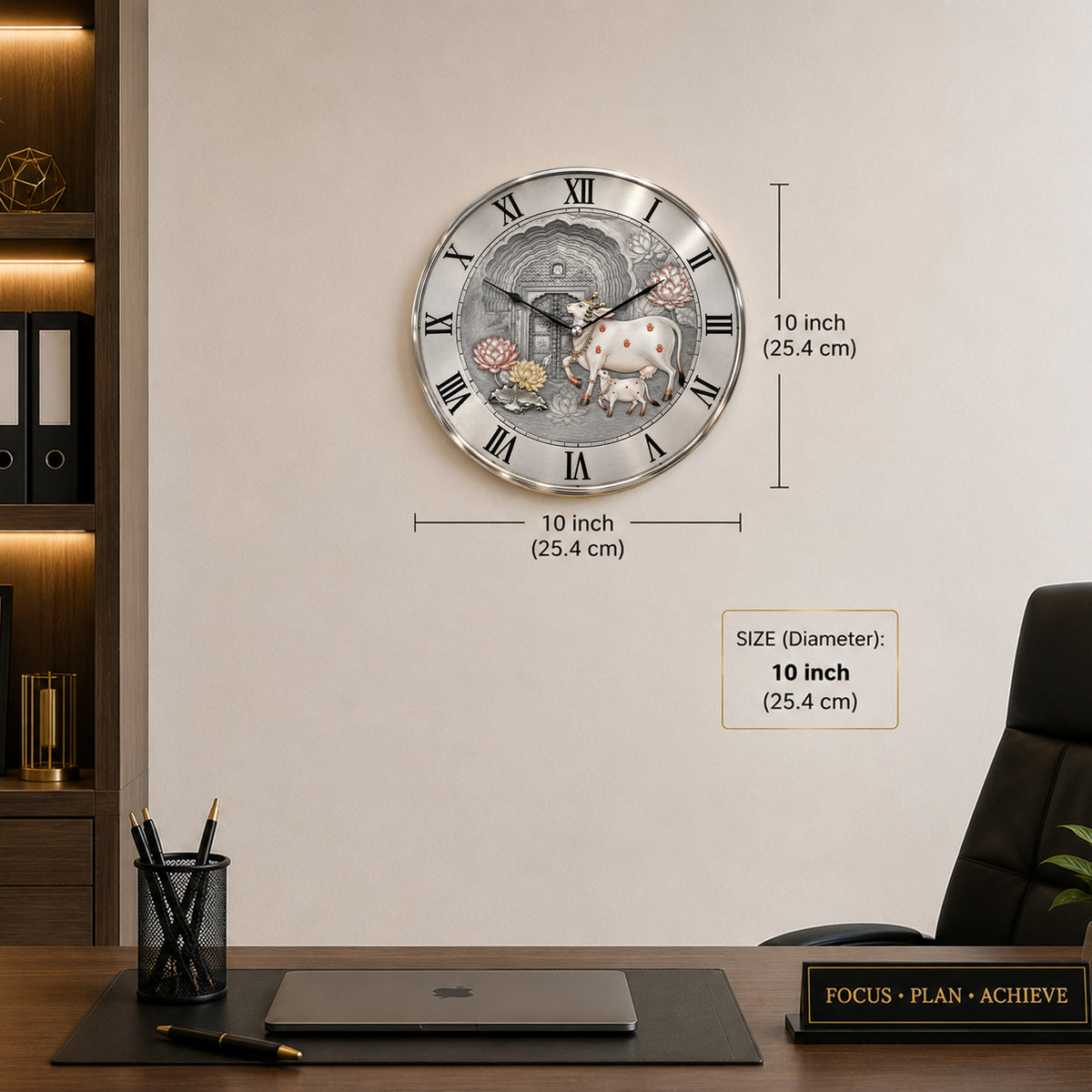 Kamdhenu Cow & Calf Silver Finish Designer Wall Clock 