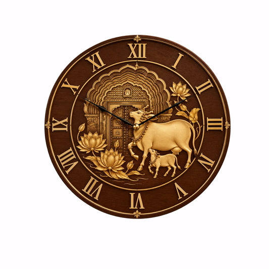 Kamdhenu Cow & Calf Wooden Texture Designer Wall Clock