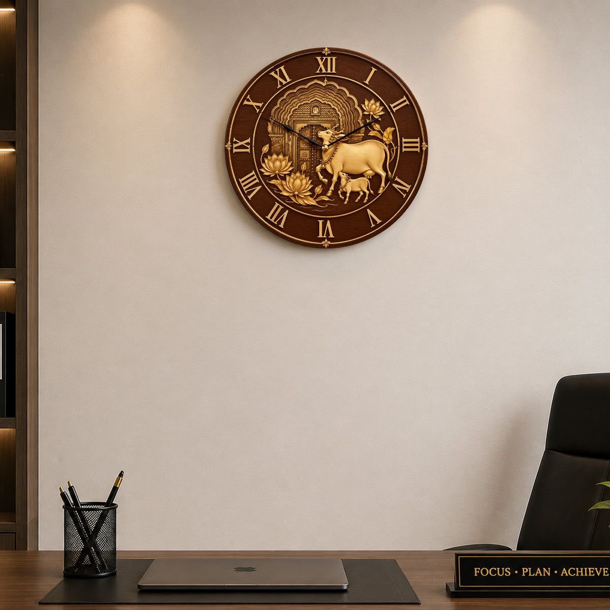 Kamdhenu Cow & Calf Wooden Texture Designer Wall Clock