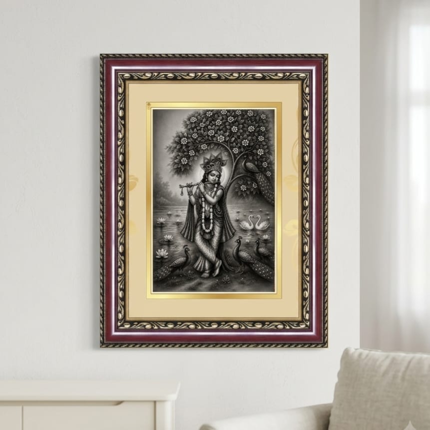 Monochrome Krishna Ornate Framed Art