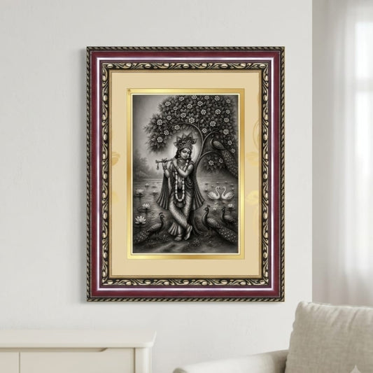 Monochrome Krishna Ornate Framed Art