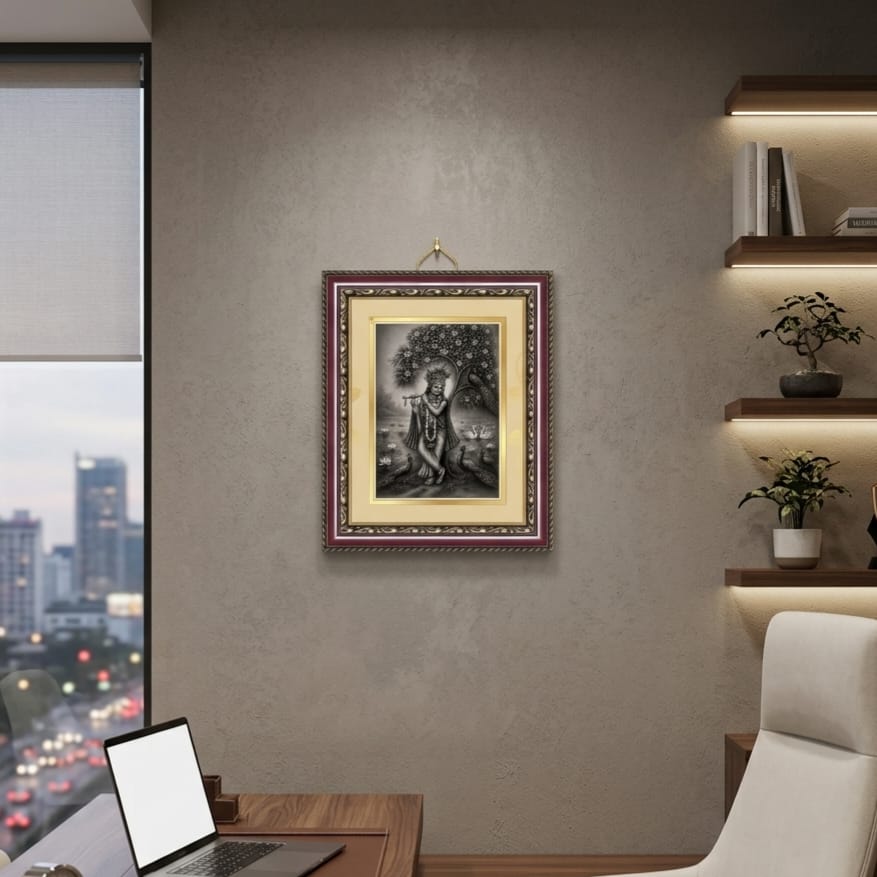 Monochrome Krishna Ornate Framed Art