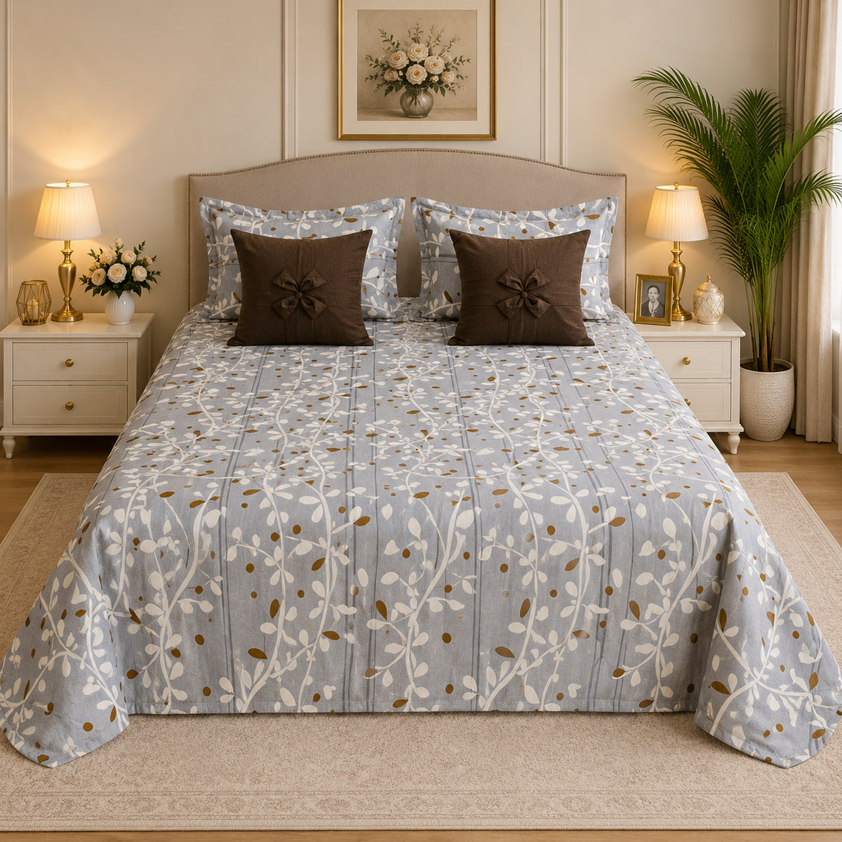 Pure Cotton Grey & Brown Vine-Pattern Bedsheet Set