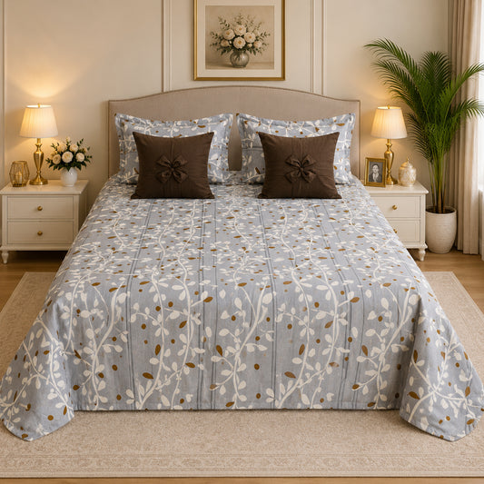 Pure Cotton Grey & Brown Vine-Pattern Bedsheet Set