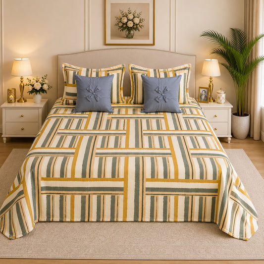 Pure Cotton Mustard & Grey Striped Bedsheet Set