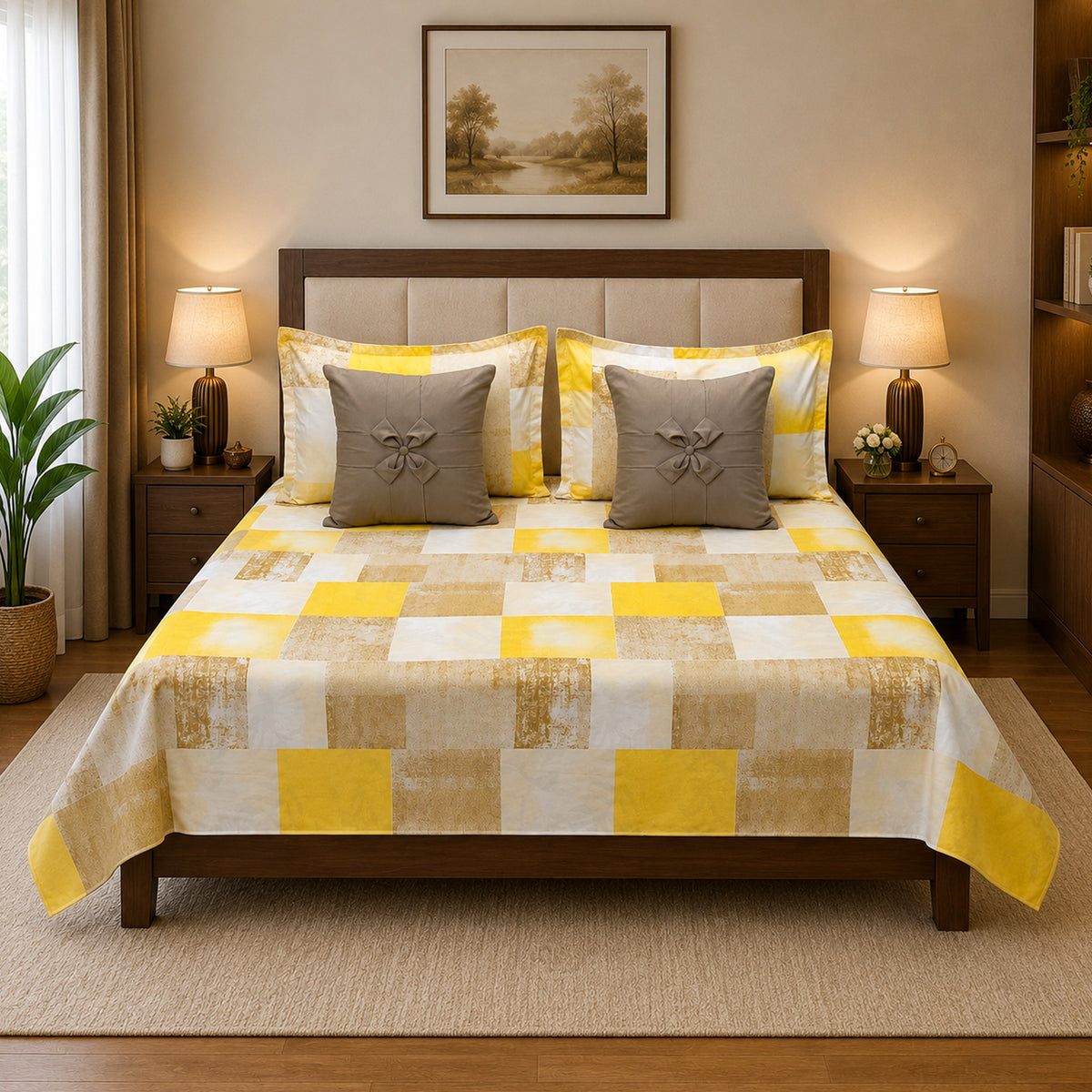 Pure Cotton Yellow & Brown Patchwork Bedsheet Set