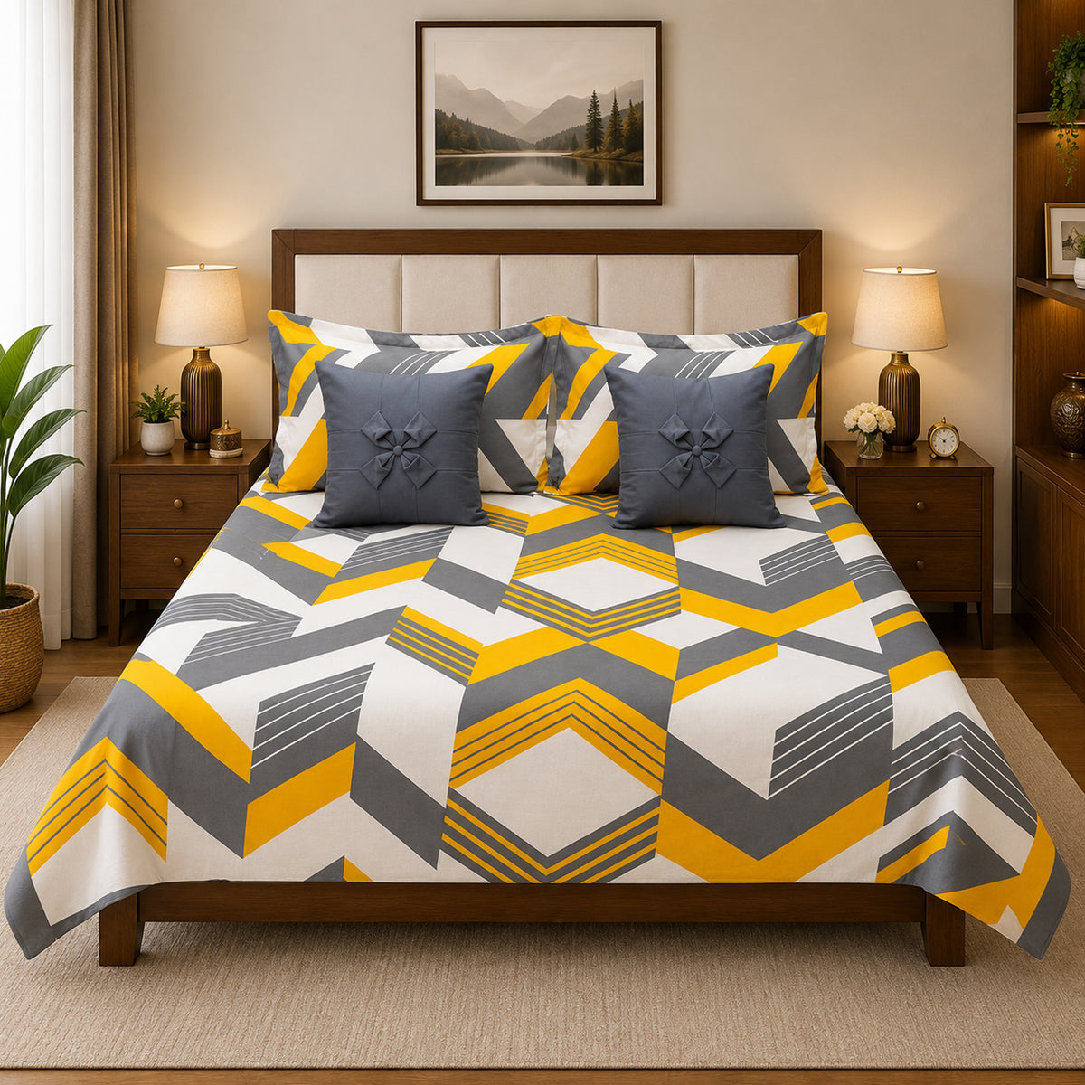 Pure Cotton Yellow and Grey Geometric Bedsheet Set