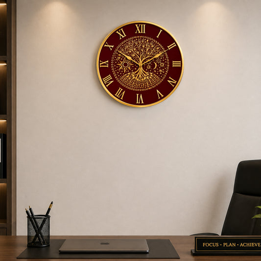 Tree of Life Celestial Maroon & Gold Designer Wall Clock