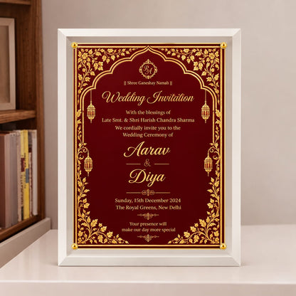 Acrylic framed Royal Maroon & Gold Foil Indian Wedding Invitation