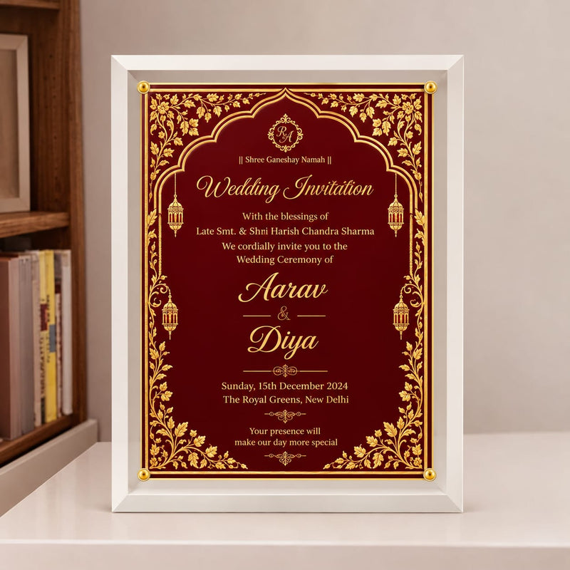 Acrylic framed Royal Maroon & Gold Foil Indian Wedding Invitation