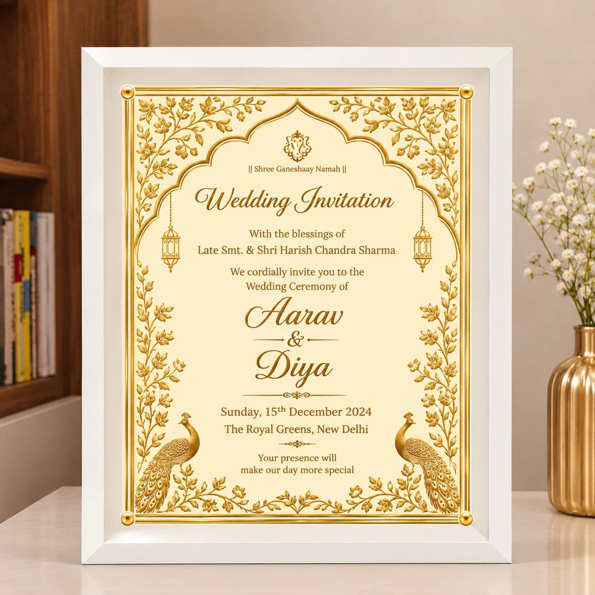 Royal Ivory & Gold Peacock Indian Wedding Invitation in an acrylic frame