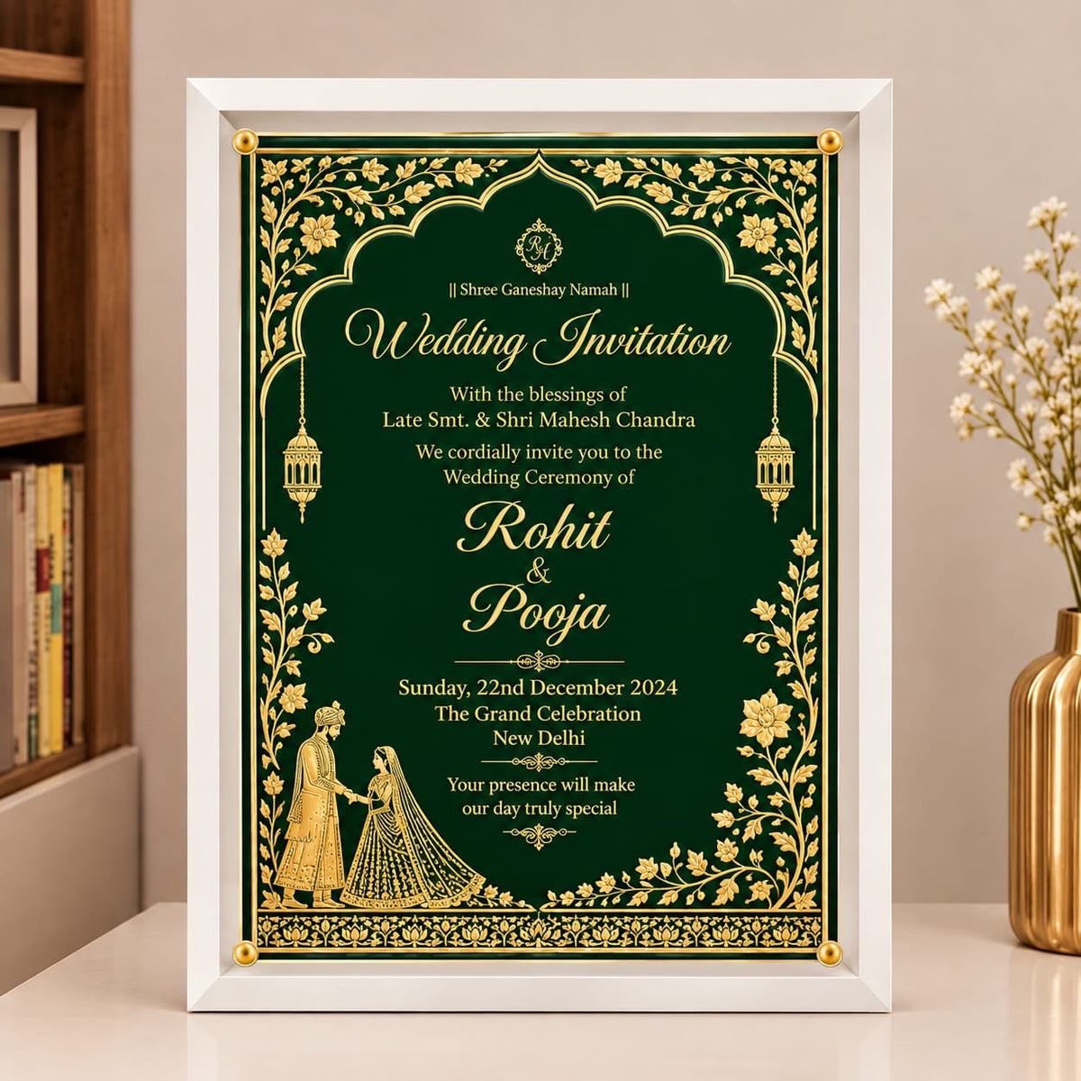 Royal Emerald Green & Gold Foil Indian Wedding Invitation in a clear Acrylic frame