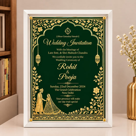 Royal Emerald Green & Gold Foil Indian Wedding Invitation in a clear Acrylic frame