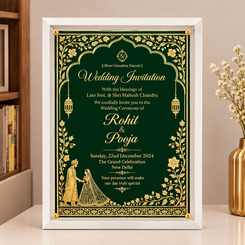 Royal Emerald Green & Gold Foil Indian Wedding Invitation in a clear Acrylic frame