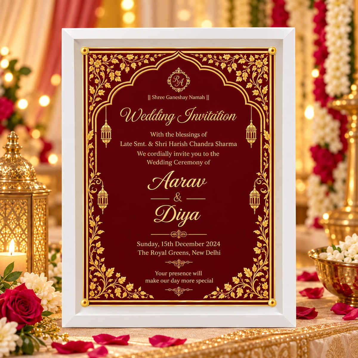 Acrylic framed Royal Maroon & Gold Foil Indian Wedding Invitation