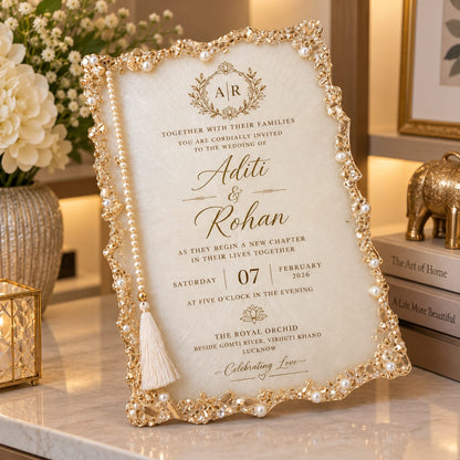 Luxury Pearl-Border Resin Wedding Invitation Card