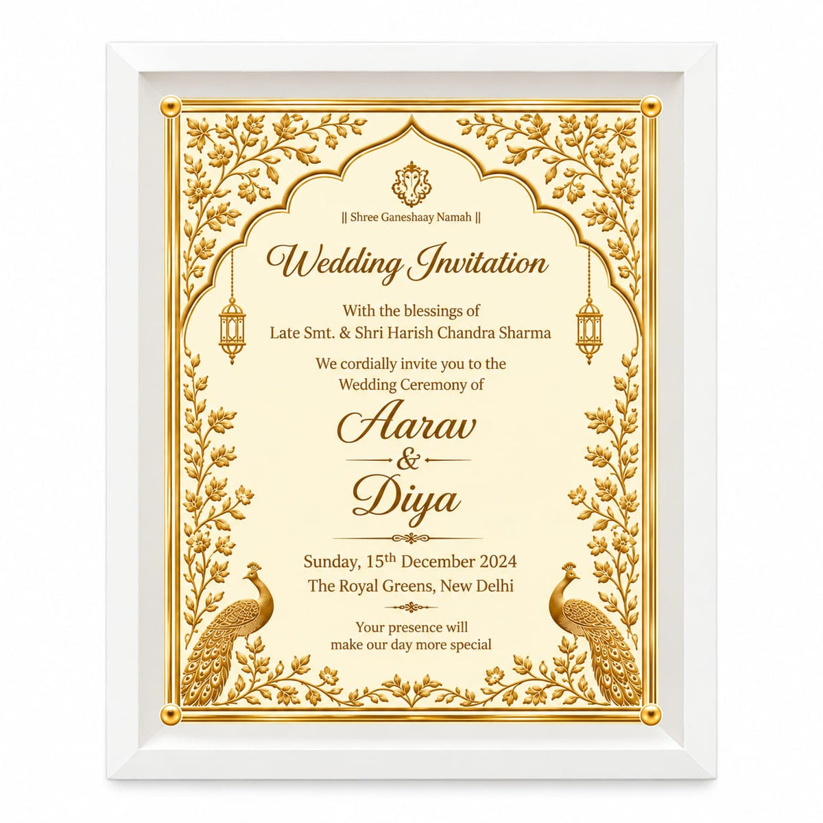Royal Ivory & Gold Peacock Indian Wedding Invitation in an acrylic frame