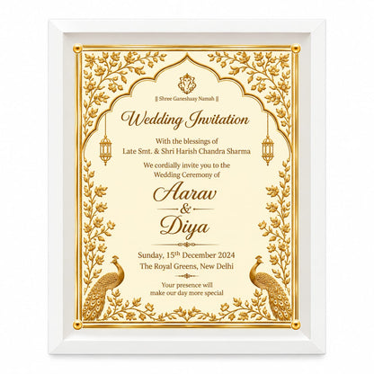 Royal Ivory & Gold Peacock Indian Wedding Invitation in an acrylic frame