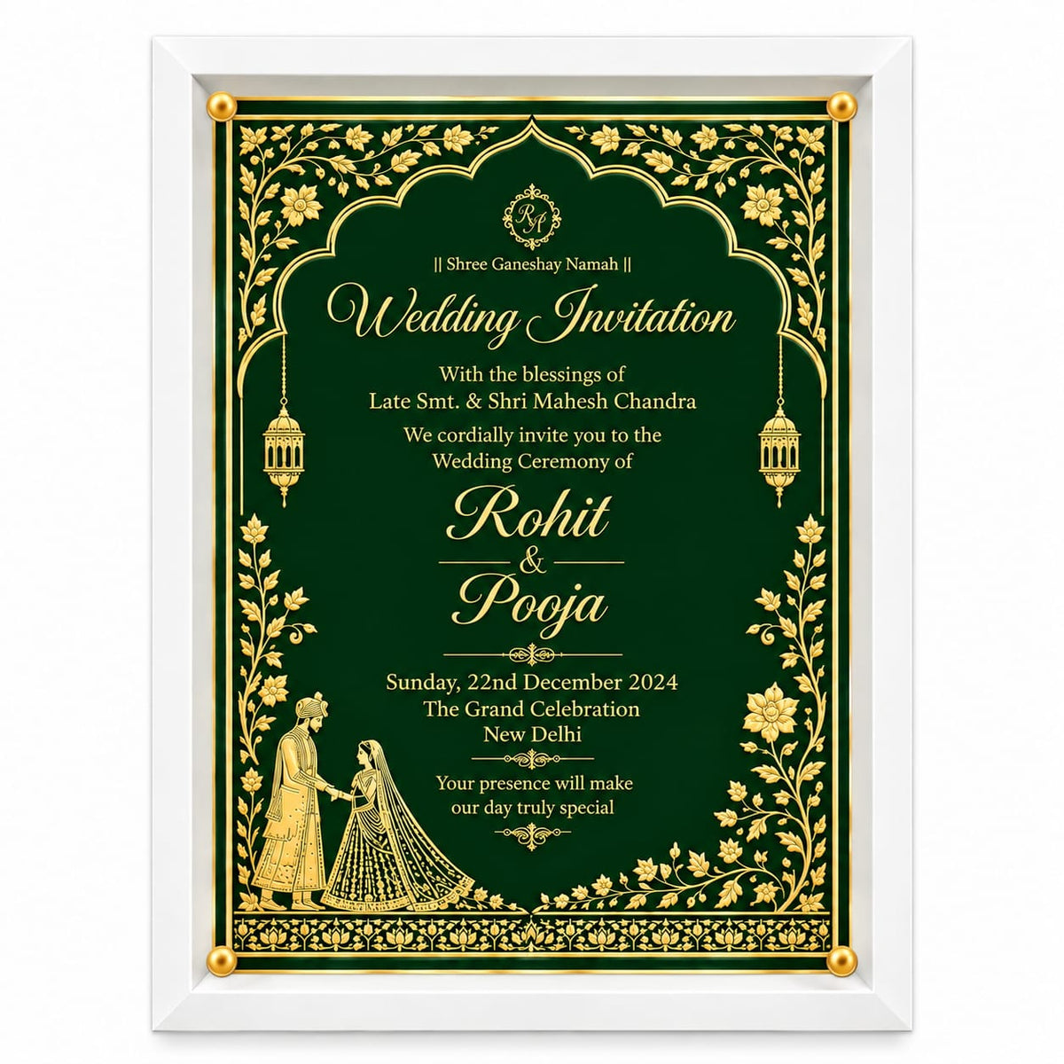 Royal Emerald Green & Gold Foil Indian Wedding Invitation in a clear Acrylic frame