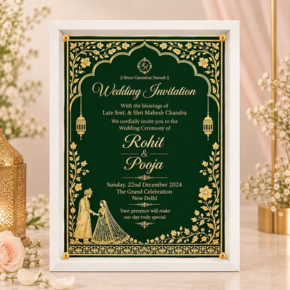Royal Emerald Green & Gold Foil Indian Wedding Invitation in a clear Acrylic frame