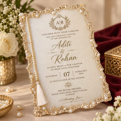 Luxury Pearl-Border Resin Wedding Invitation Card