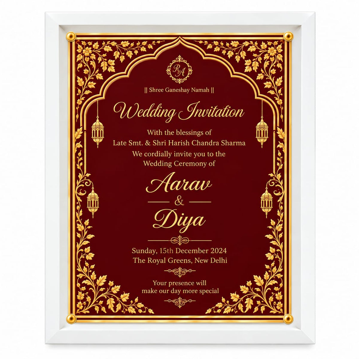 Acrylic framed Royal Maroon & Gold Foil Indian Wedding Invitation