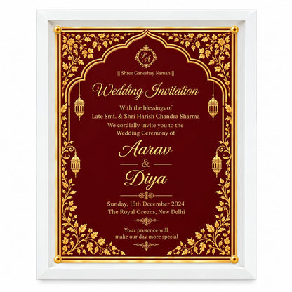 Acrylic framed Royal Maroon & Gold Foil Indian Wedding Invitation