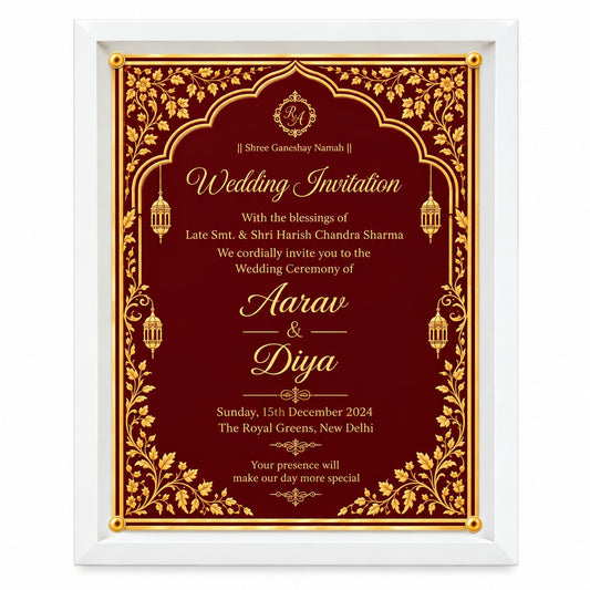 Acrylic framed Royal Maroon & Gold Foil Indian Wedding Invitation