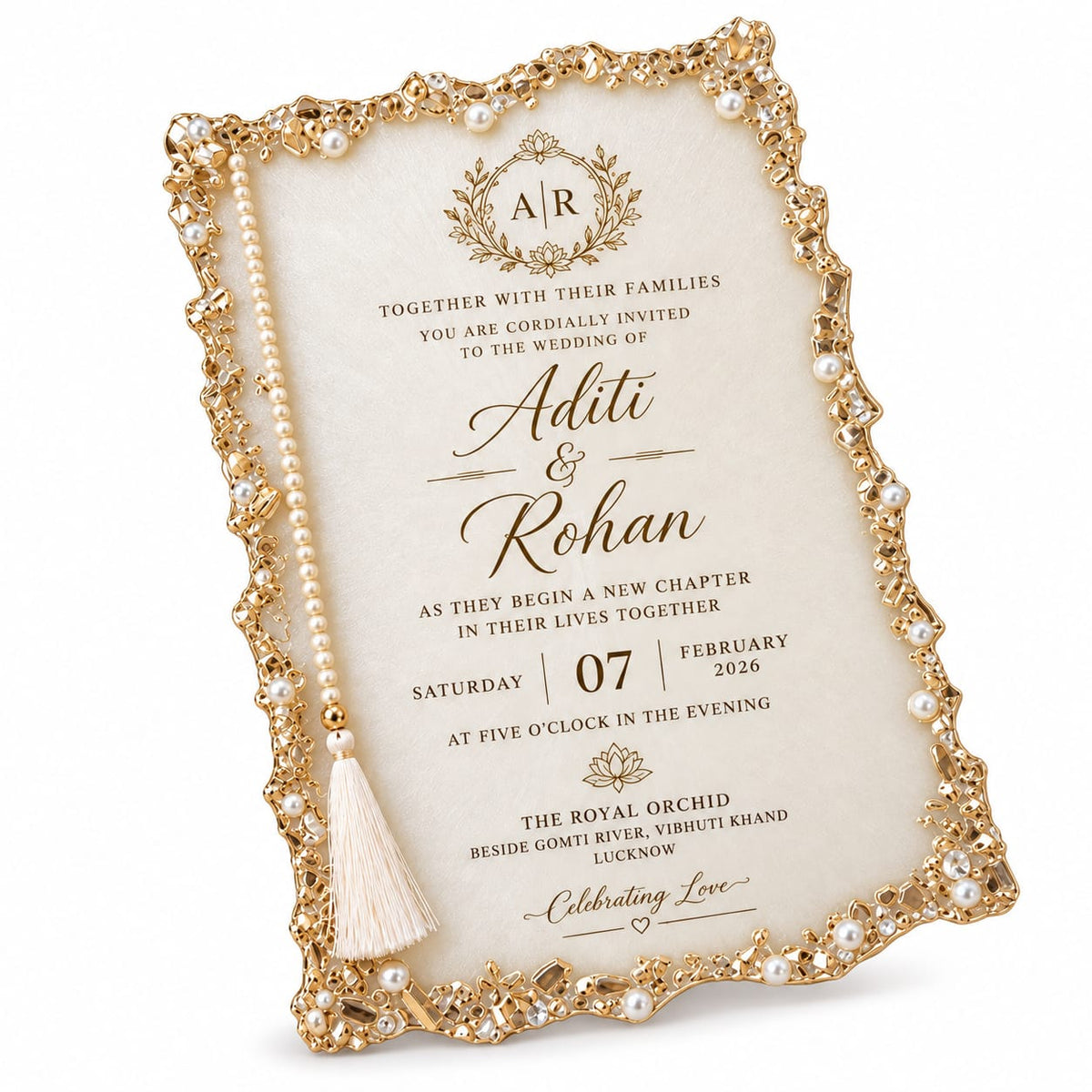 Luxury Pearl-Border Resin Wedding Invitation Card