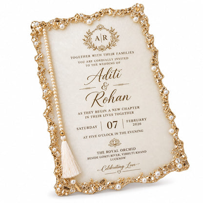 Luxury Pearl-Border Resin Wedding Invitation Card